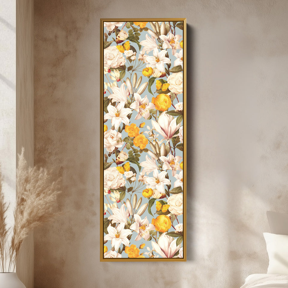 Long Vertical Canvas Yellow White Florals Narrow Wall Art For Kitchen