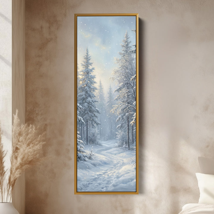 Panoramic Wall Art Snowy Forest Path Vertical Canvas Print For Hallway