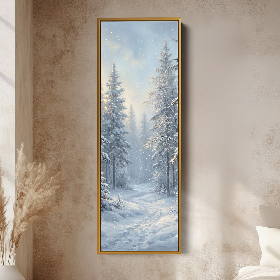 Panoramic Wall Art Snowy Forest Path Vertical Canvas Print For Hallway