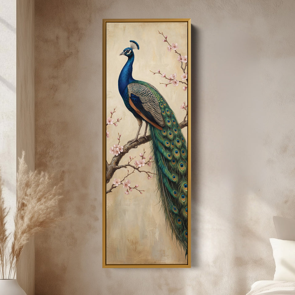 Peacock On Branch Large Wall Art Framed Canvas Print Office