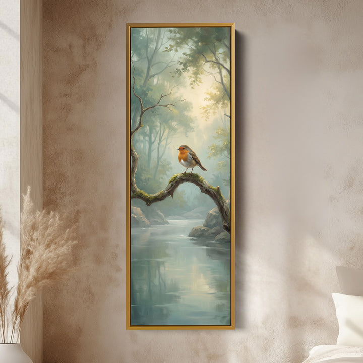 Robin On Branch Long Wall Art Vertical Canvas Print Hallway