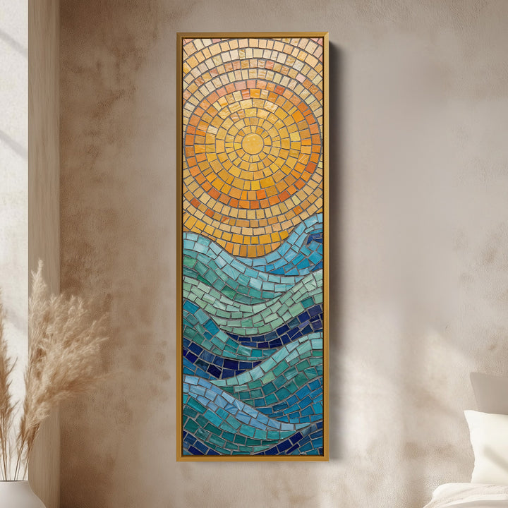 Mosaic Sun Over Sea Wide Framed Canvas Statement Wall Decor Office