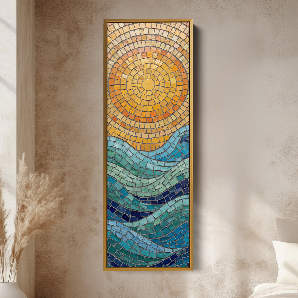 Mosaic Sun Over Sea Wide Framed Canvas Statement Wall Decor Office