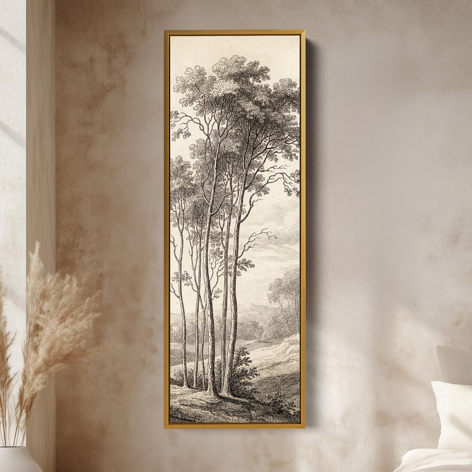 Vintage Tree Engraving Long Wall Art Vertical Canvas Print Living Room