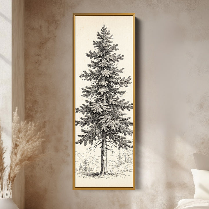 Vintage Pine Illustration Vertical Wall Art Wide Canvas Office