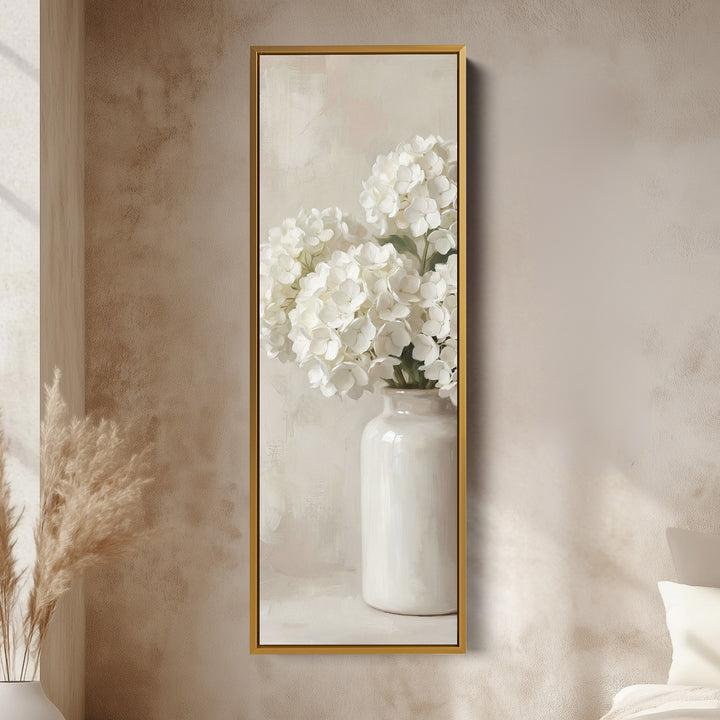 White Hydrangea Tall Wall Art Neutral Canvas Bedroom