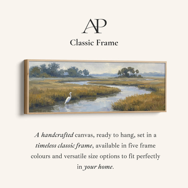 Corner detail of the Long Narrow Wall Art Egret in a Salt Marsh for Living Room canvas in a classic frame