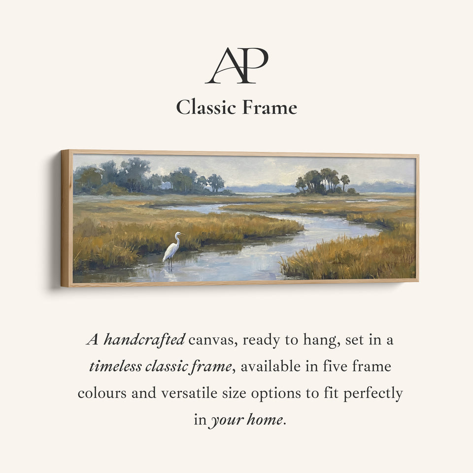 Corner detail of the Long Narrow Wall Art Egret in a Salt Marsh for Living Room canvas in a classic frame