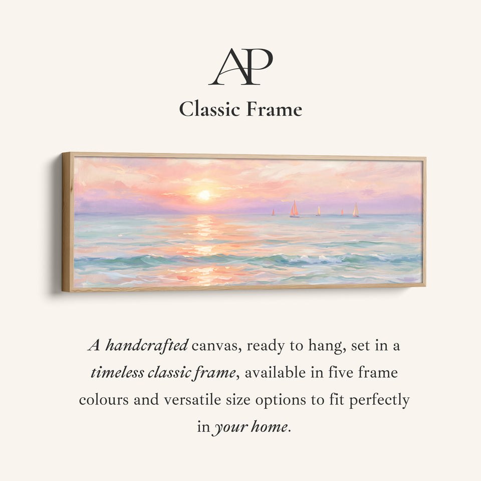 Corner detail of the Pastel Sunset Sailboats Horizontal Wall Art Large Canvas Above Bed canvas in a classic frame