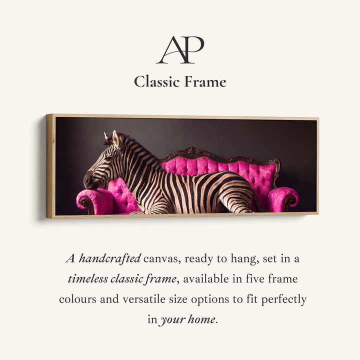 Corner detail of the Bold and Playful Zebra on a Pink Velvet Sofa Long Wall Art for Living Room canvas in a classic frame
