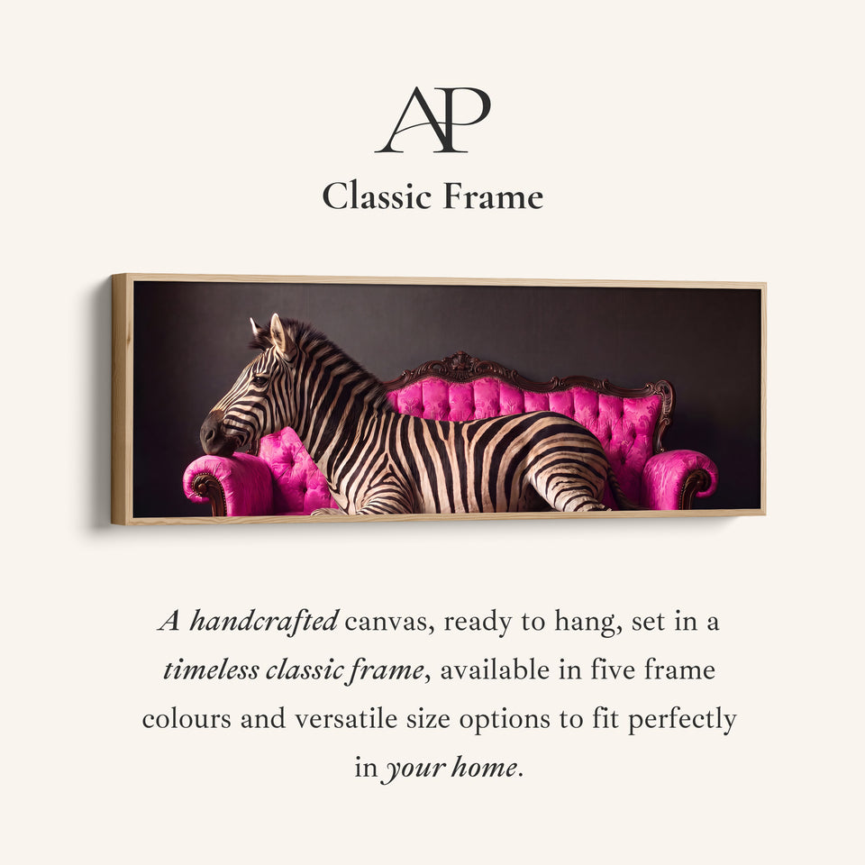 Corner detail of the Bold and Playful Zebra on a Pink Velvet Sofa Long Wall Art for Living Room canvas in a classic frame