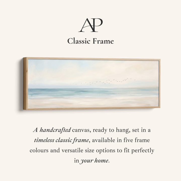 Corner detail of the Panoramic Wall Art Calm Sea and Shoreline with Birds for Bedroom canvas in a classic frame