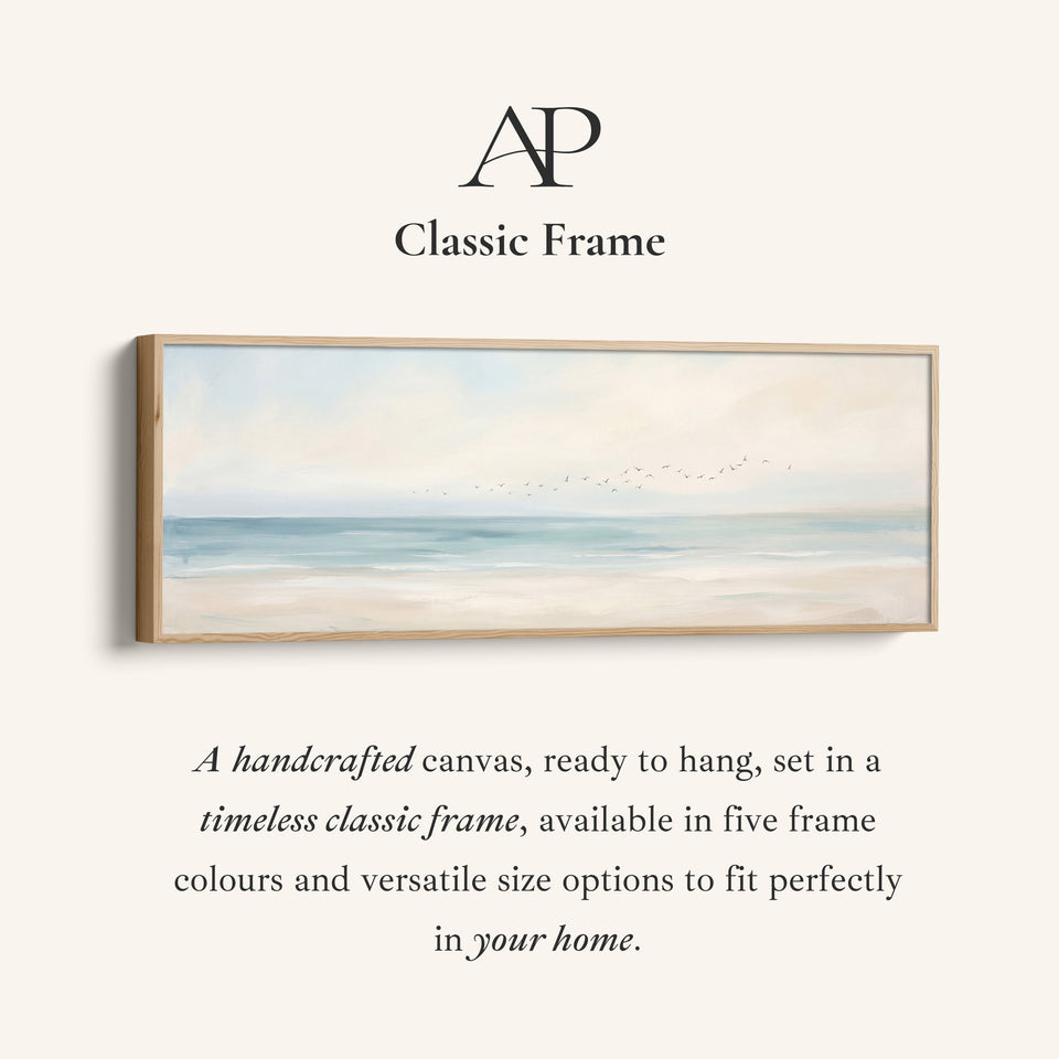 Corner detail of the Panoramic Wall Art Calm Sea and Shoreline with Birds for Bedroom canvas in a classic frame
