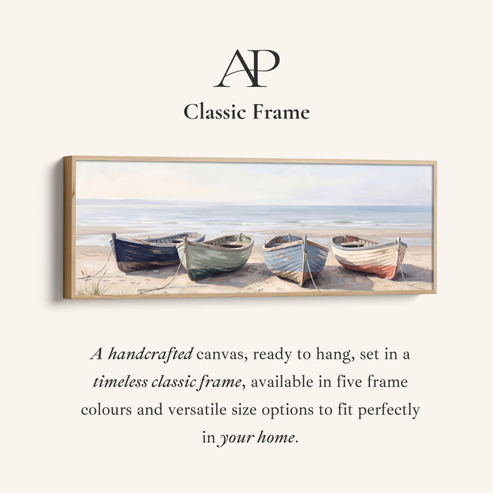 Corner detail of the Quiet Coastal Mood Rowing Boats on the Beach Horizontal Wall Art for Hallway canvas in a classic frame