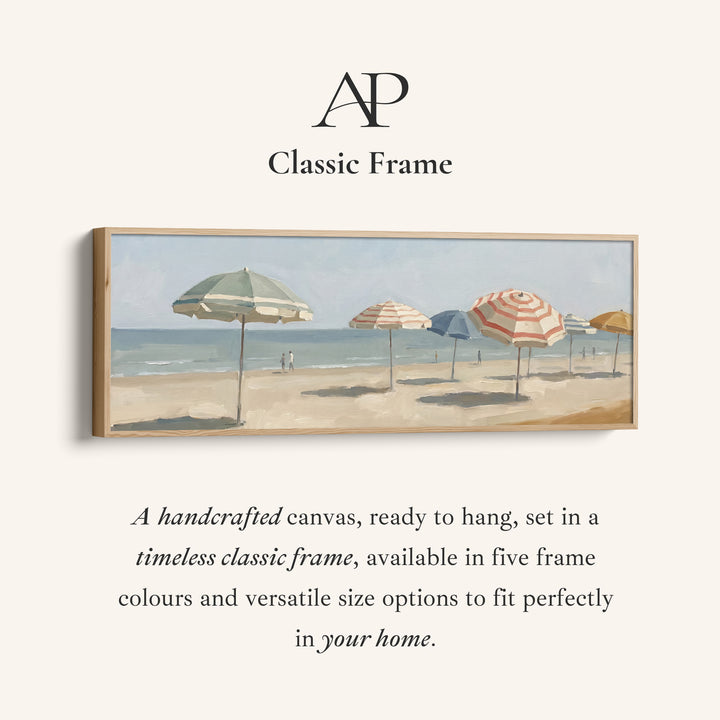 Corner detail of the Living Room Wall Art Long Horizontal Canvas of Beach Umbrellas canvas in a classic frame