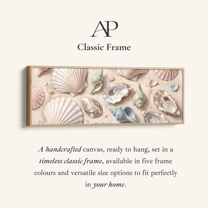 Corner detail of the Long Wall Art Seashells on Sand Neutral Coastal Canvas for Above Bed canvas in a classic frame
