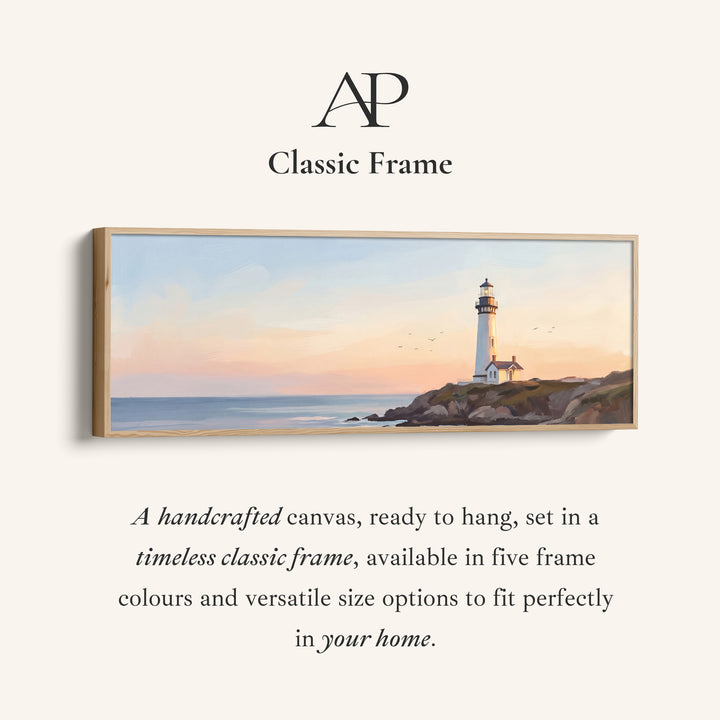 Corner detail of the Lighthouse at Sunset Panoramic Wall Art for Above Couch canvas in a classic frame