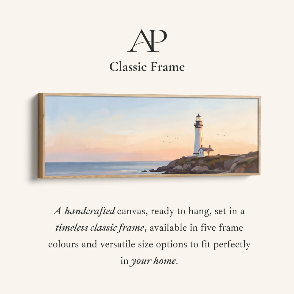 Corner detail of the Lighthouse at Sunset Panoramic Wall Art for Above Couch canvas in a classic frame
