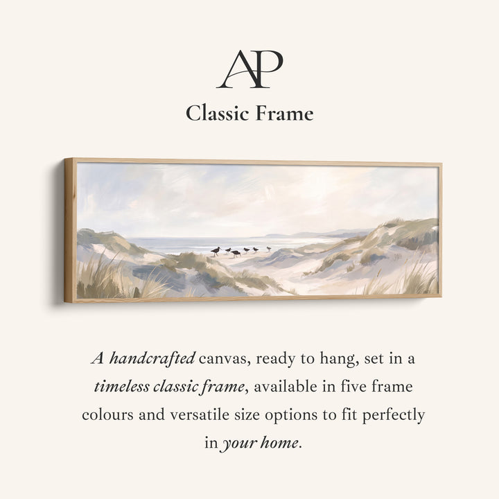 Corner detail of the Soft Neutral Sand Dunes and Shorebirds Long Narrow Wall Art for Bedroom canvas in a classic frame