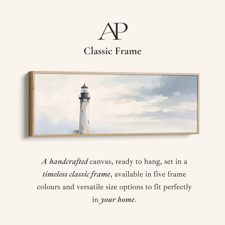 Corner detail of the Hallway Wall Art Long Narrow Minimalist Lighthouse Under a Grey Sky canvas in a classic frame