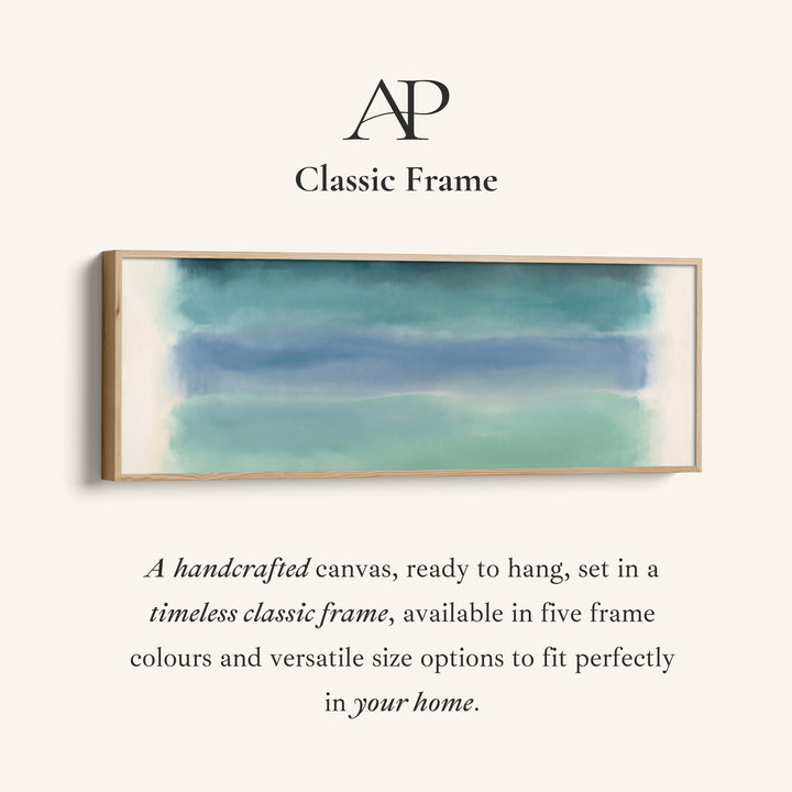 Corner detail of the Horizontal Wall Art Teal Colour Field Abstract for Office canvas in a classic frame
