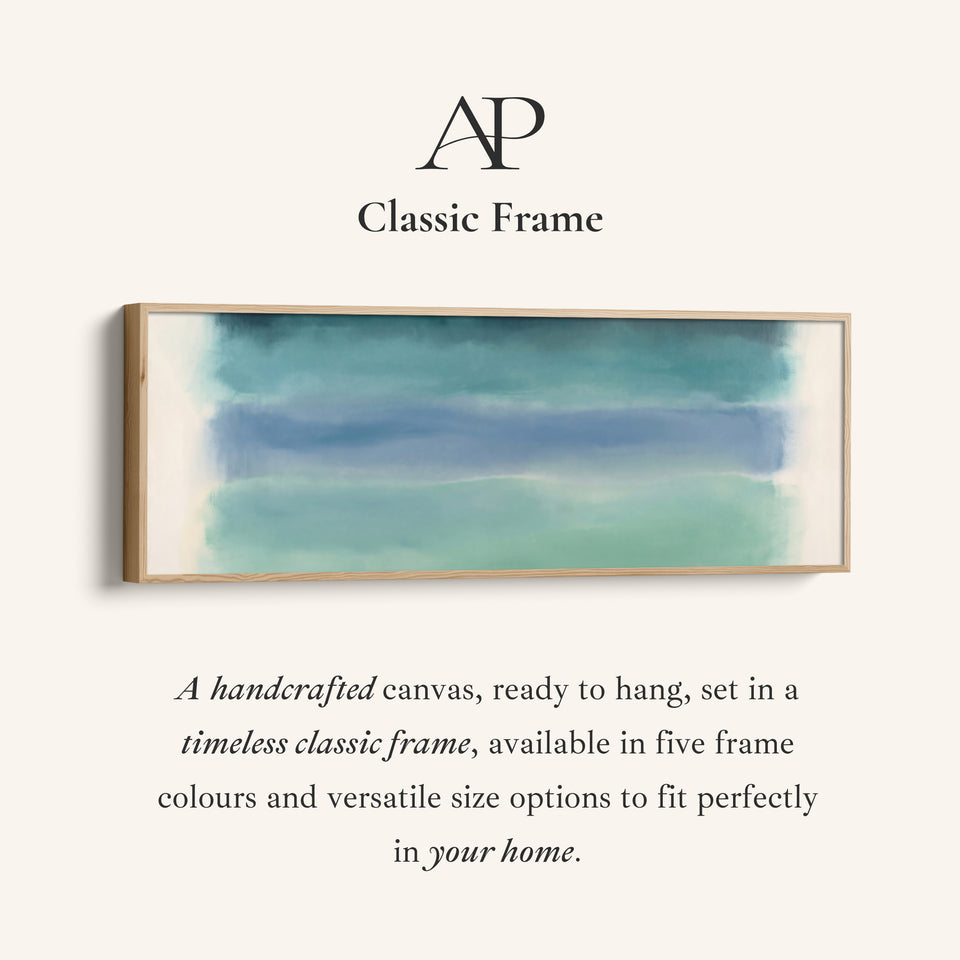 Corner detail of the Horizontal Wall Art Teal Colour Field Abstract for Office canvas in a classic frame