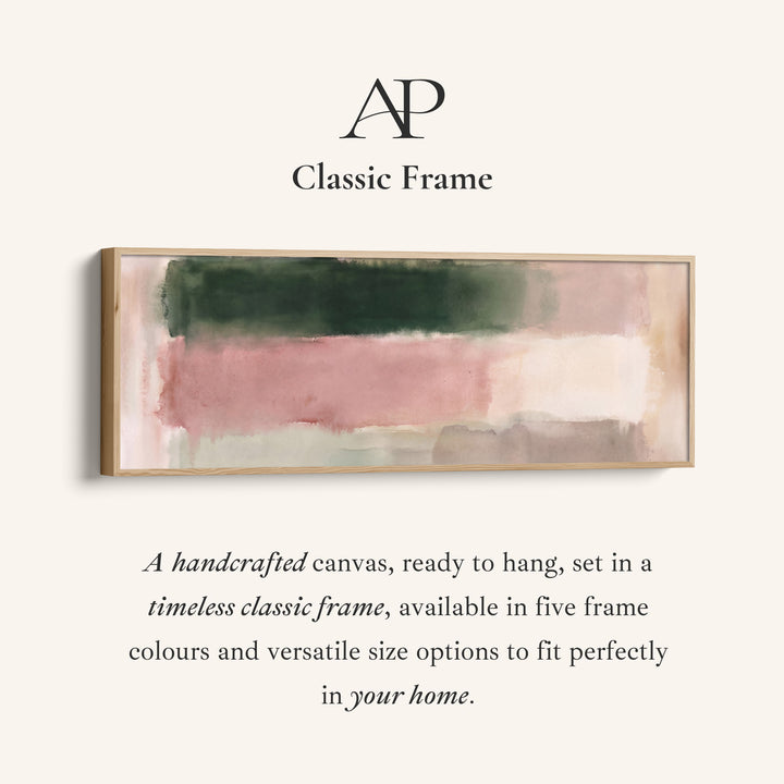 Corner detail of the Blush Colour Block Abstract Long Wall Art for Bedroom canvas in a classic frame