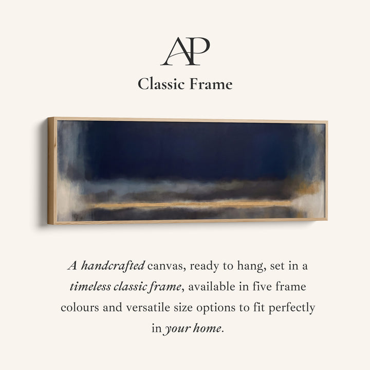 Corner detail of the Office Wall Art Large Horizontal Moody Navy Colour Field Abstract canvas in a classic frame