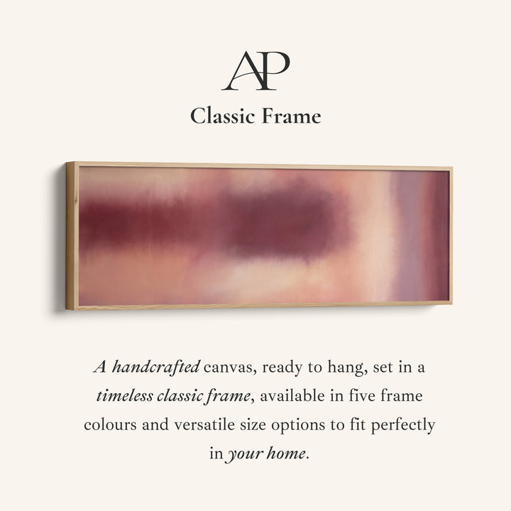 Corner detail of the Long Narrow Wall Art Burgundy Colour Field Abstract for Dining Room canvas in a classic frame