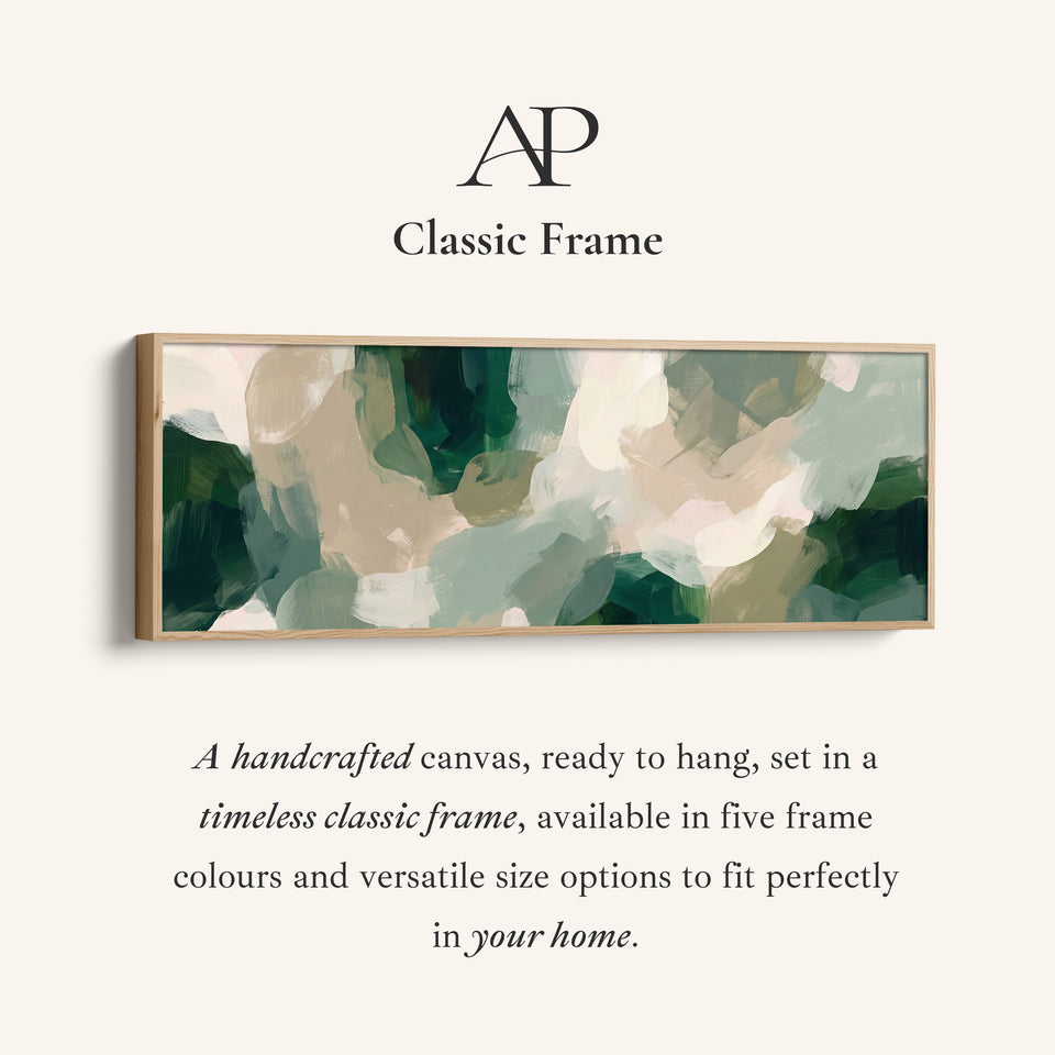 Corner detail of the Bedroom Wall Art Panoramic Green Brushstroke Abstract Canvas canvas in a classic frame