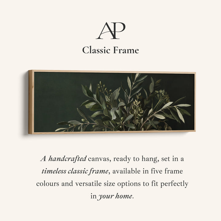 Corner detail of the Panoramic Wall Art Olive Branches on a Dark Background for Kitchen canvas in a classic frame
