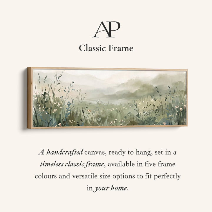 Corner detail of the Soft and Dreamy Wildflower Meadow in the Mist Horizontal Wall Art for Living Room canvas in a classic frame