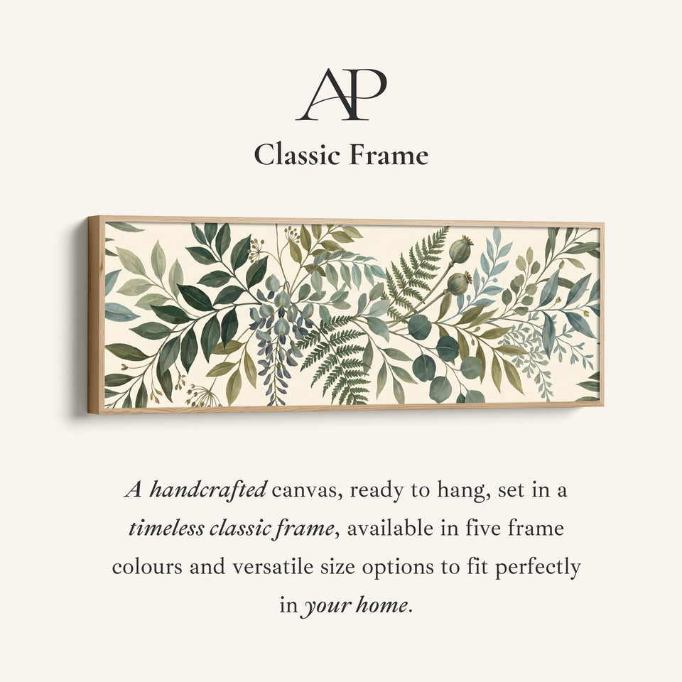 Corner detail of the Dining Room Wall Art Long Horizontal Fern and Eucalyptus Botanical canvas in a classic frame
