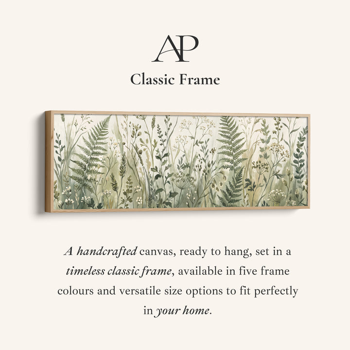 Corner detail of the Long Wall Art Ferns and Wild Grasses Botanical Canvas for Hallway canvas in a classic frame