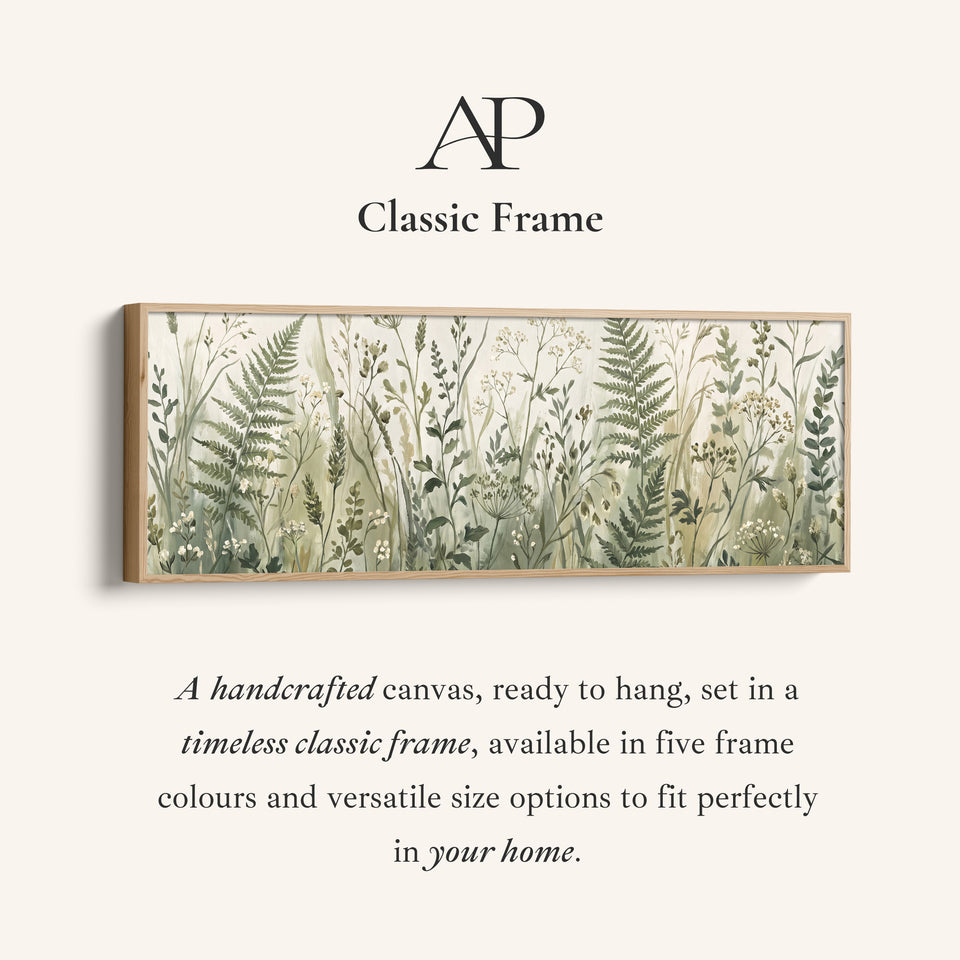 Corner detail of the Long Wall Art Ferns and Wild Grasses Botanical Canvas for Hallway canvas in a classic frame