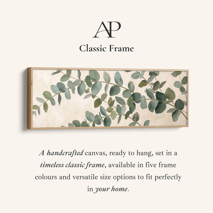Corner detail of the Eucalyptus Branches Panoramic Wall Art Large Canvas for Bedroom canvas in a classic frame