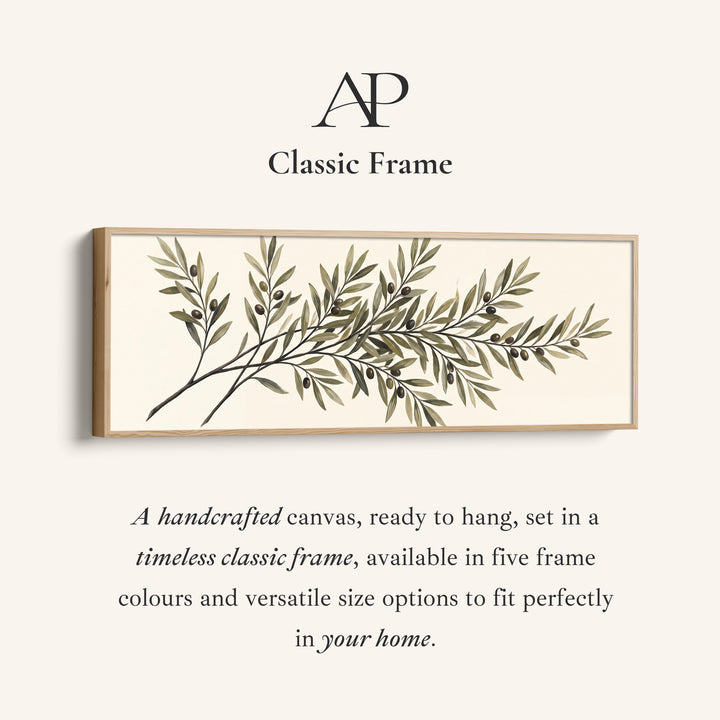 Corner detail of the Simple Mediterranean Olive Branch Long Narrow Wall Art for Kitchen canvas in a classic frame