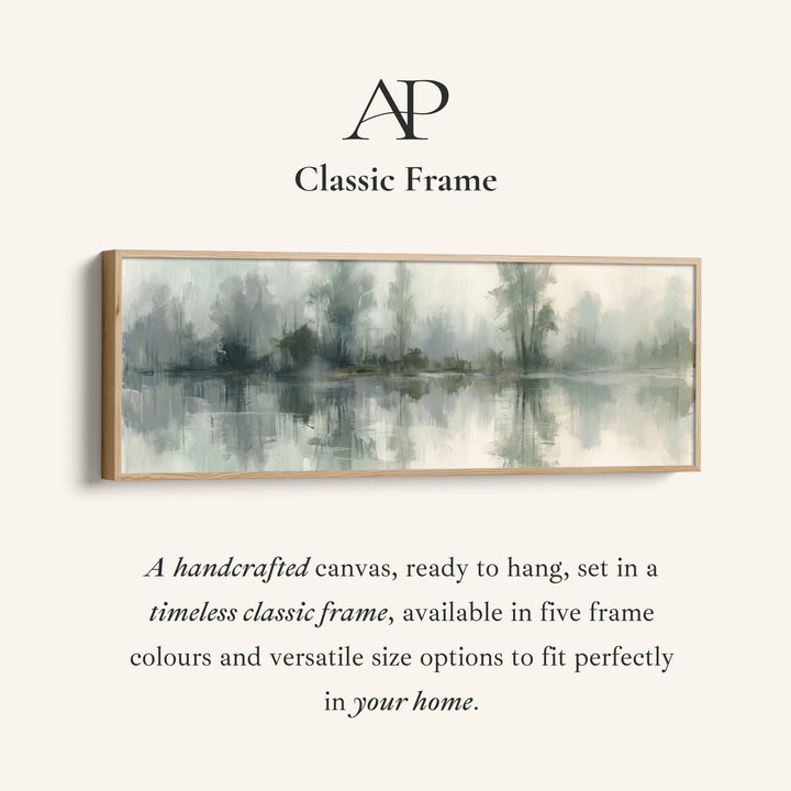 Corner detail of the Above Couch Wall Art Long Misty Lake with Tree Reflections canvas in a classic frame