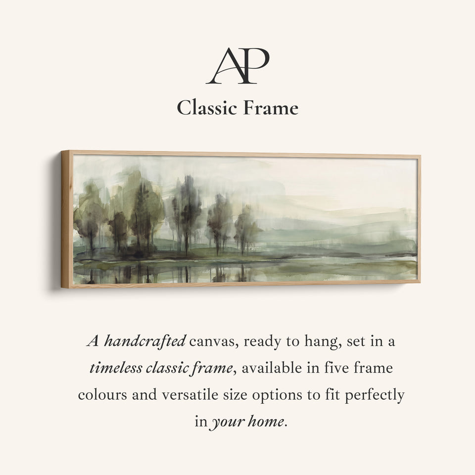 Corner detail of the Horizontal Wall Art Watercolor Trees by a Still Lake for Living Room canvas in a classic frame