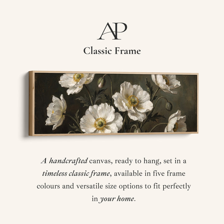 Corner detail of the White Anemones on Dark Background Long Wall Art for Dining Room canvas in a classic frame
