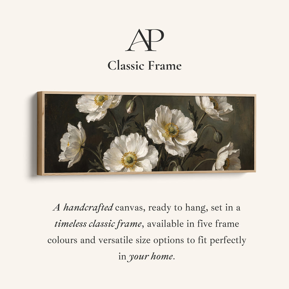 Corner detail of the White Anemones on Dark Background Long Wall Art for Dining Room canvas in a classic frame