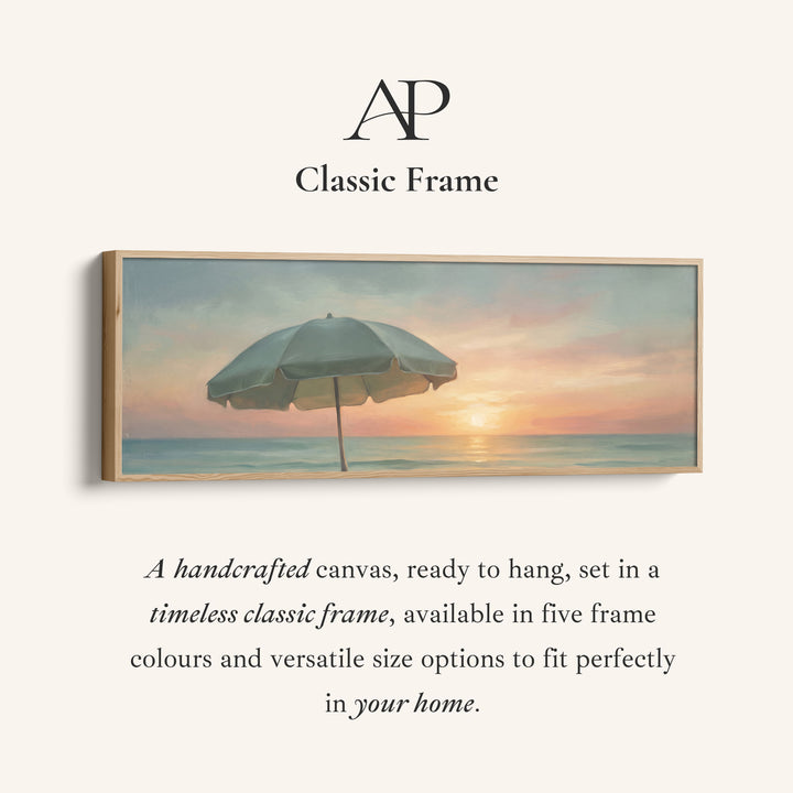 Corner detail of the Calm Seaside Beach Umbrella at Sunset Panoramic Wall Art for Bedroom canvas in a classic frame