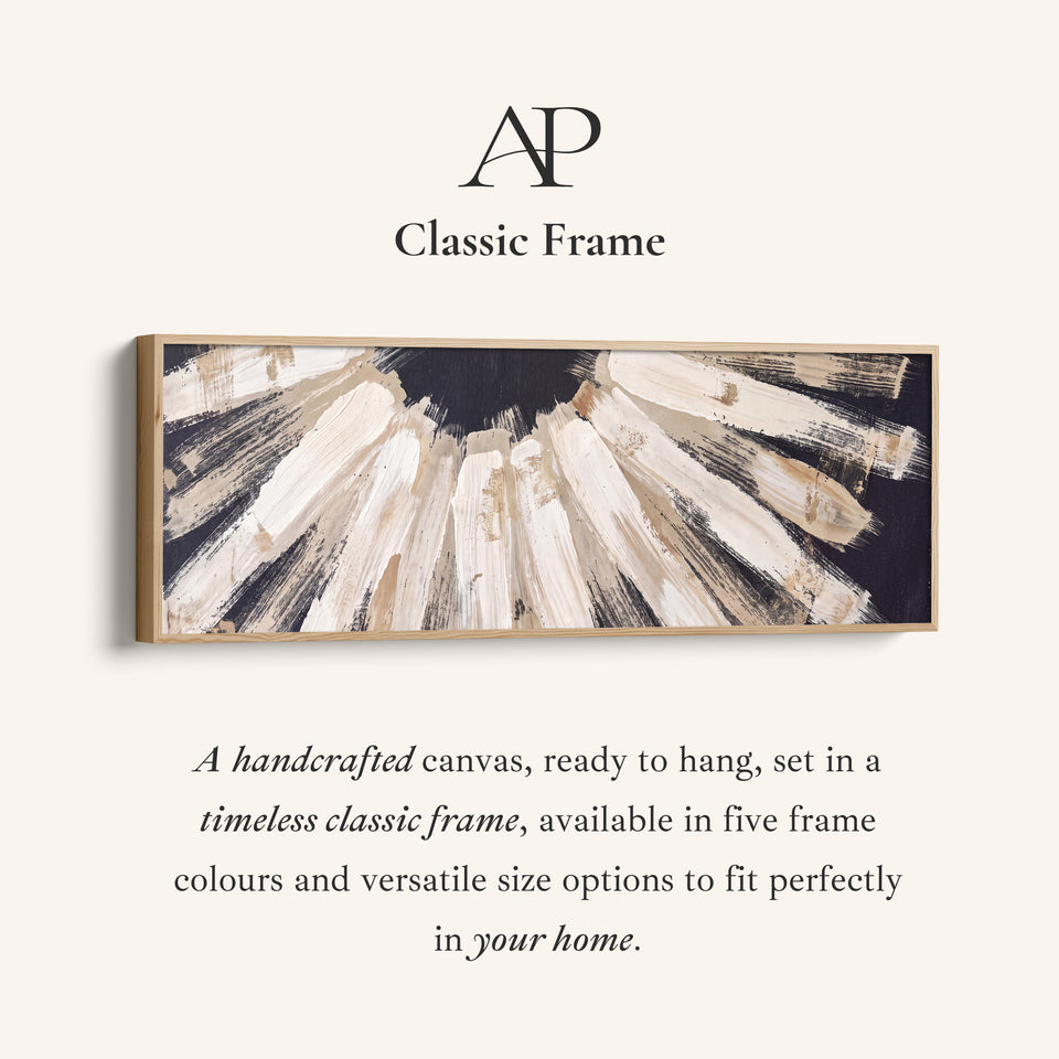 Corner detail of the Bold Brushstroke Sunburst Horizontal Wall Art Large Canvas for Office canvas in a classic frame