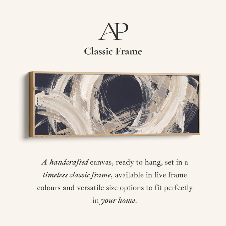 Corner detail of the Modern Graphic Brushstroke Circle Abstract Long Wall Art for Living Room canvas in a classic frame