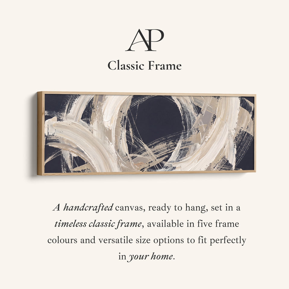 Corner detail of the Modern Graphic Brushstroke Circle Abstract Long Wall Art for Living Room canvas in a classic frame