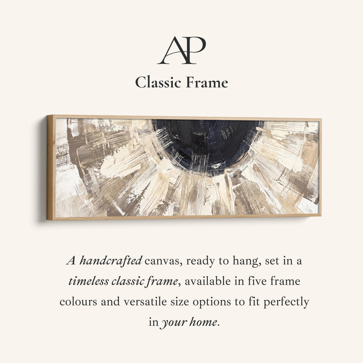 Corner detail of the Above Bed Wall Art Panoramic Neutral Brushstroke Sunburst Abstract canvas in a classic frame