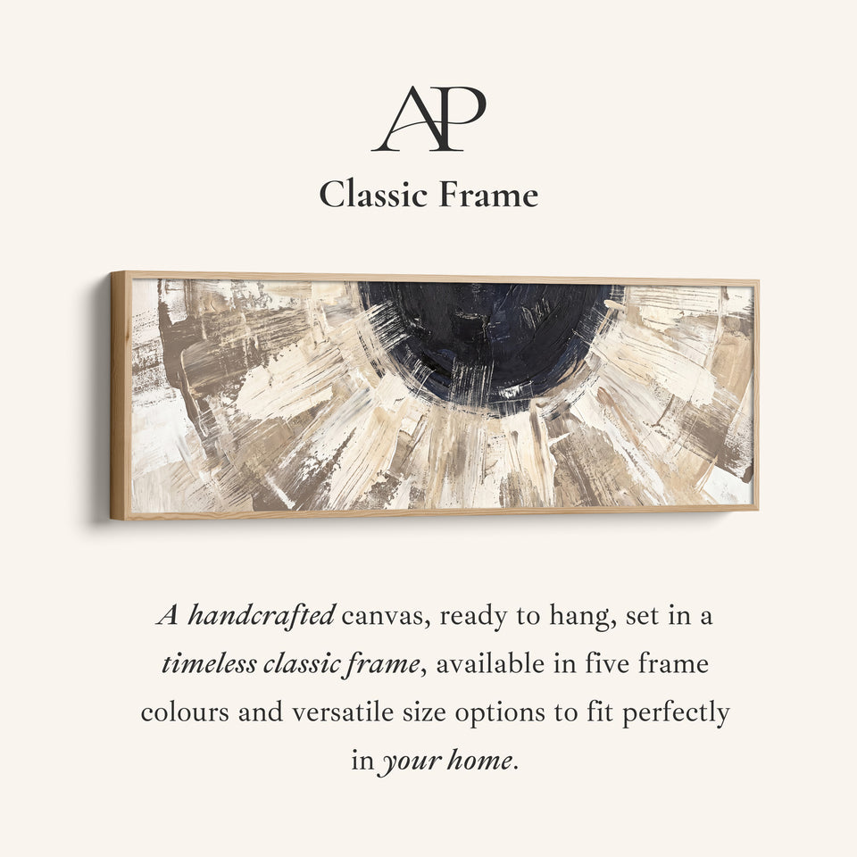 Corner detail of the Above Bed Wall Art Panoramic Neutral Brushstroke Sunburst Abstract canvas in a classic frame