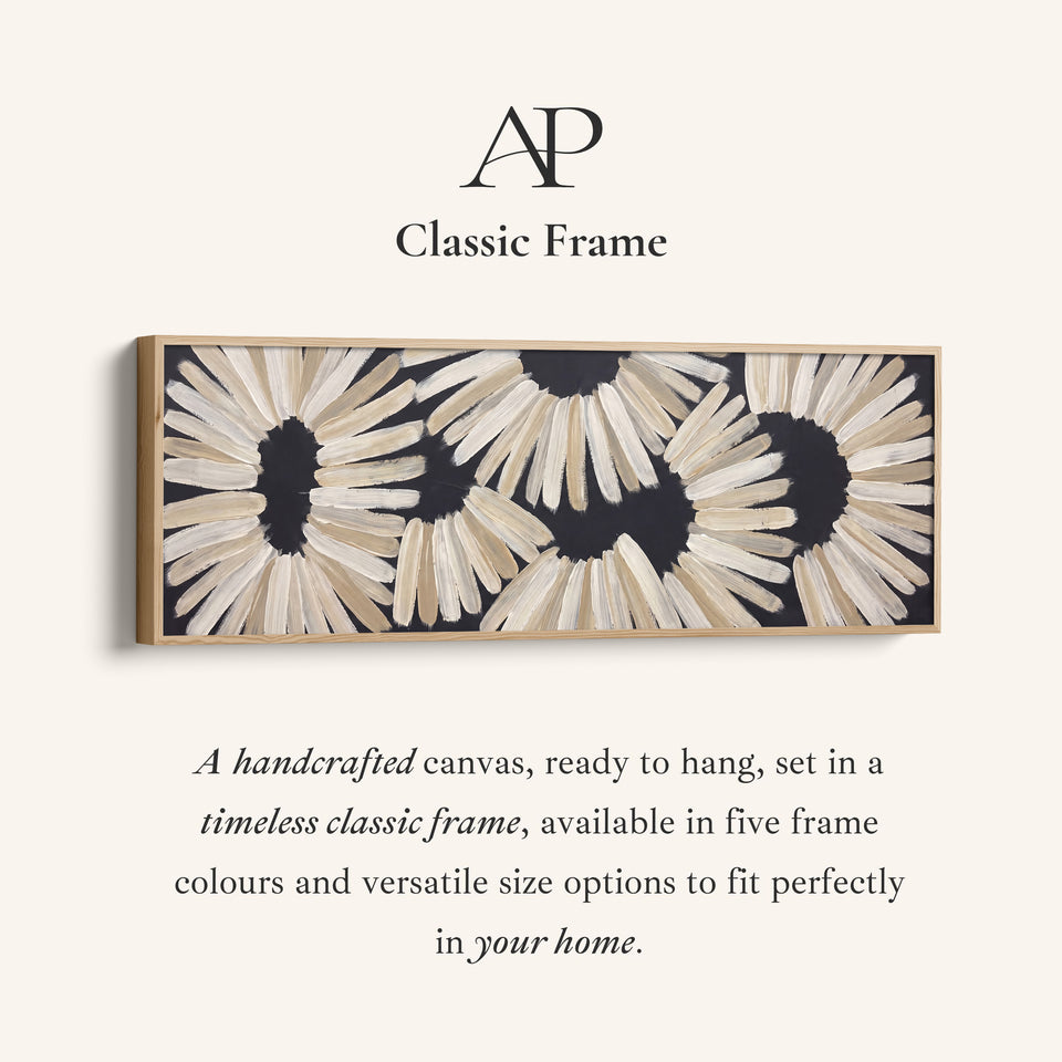 Corner detail of the Panoramic Wall Art Black Brushstroke Flower Pattern for Dining Room canvas in a classic frame
