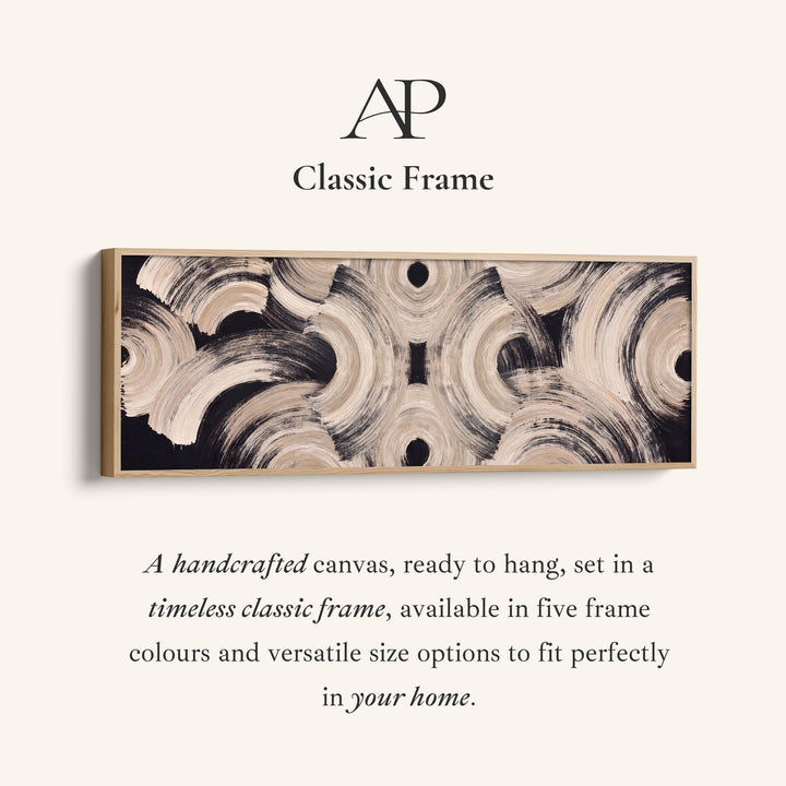 Corner detail of the Neutral Brushstroke Arcs Pattern Long Narrow Wall Art Above Couch canvas in a classic frame