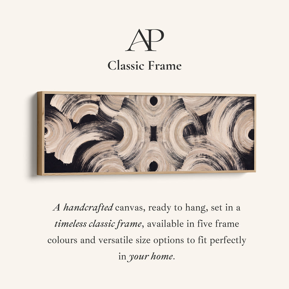 Corner detail of the Neutral Brushstroke Arcs Pattern Long Narrow Wall Art Above Couch canvas in a classic frame